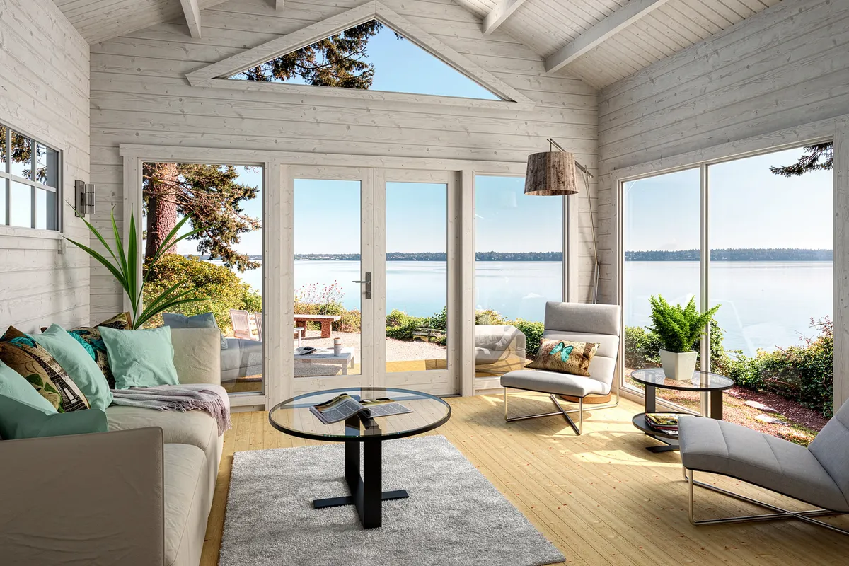 Render 3D fotorrealista de un salón luminoso y amplio con grandes ventanas panorámicas y techo de madera.