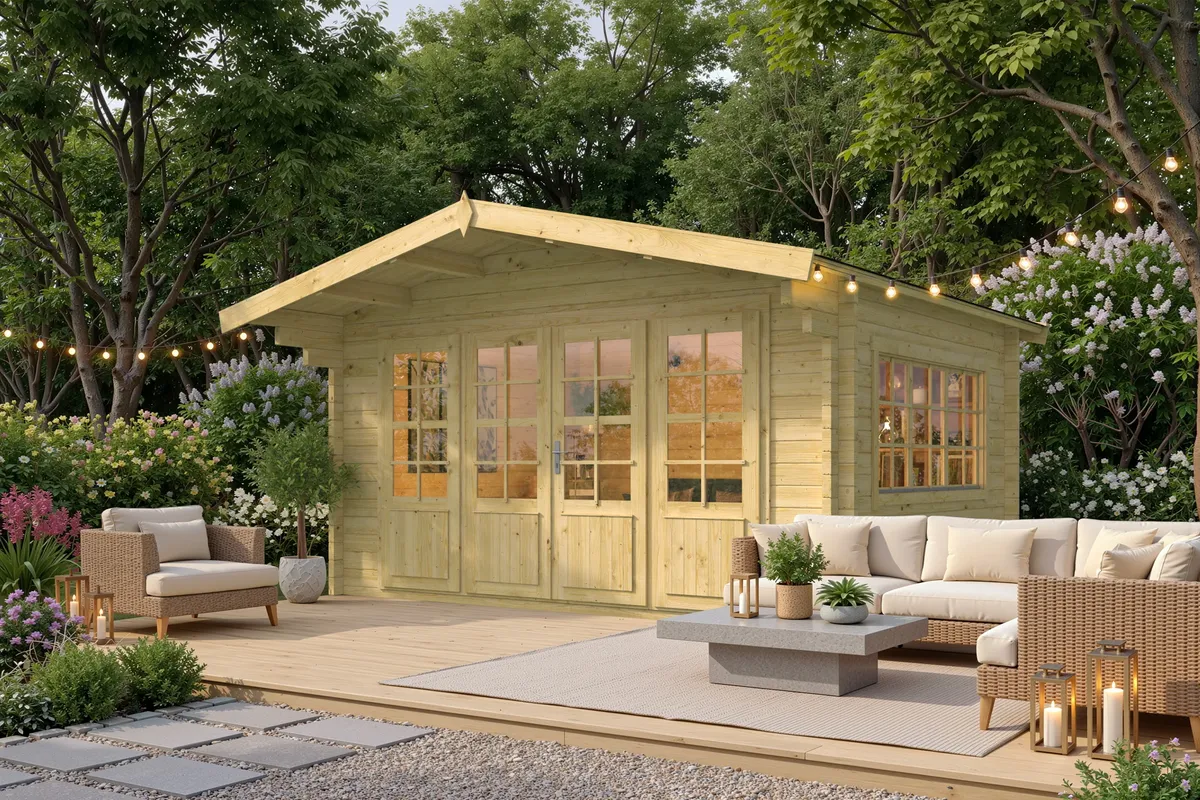 Visualización 3D de una caseta de jardín clásica de madera con puertas acristaladas y terraza exterior amueblada.